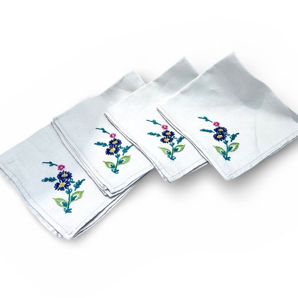 4 Vtg Napkins‎ Needle Point Embroidered Purple Violets 15.5 X14.5